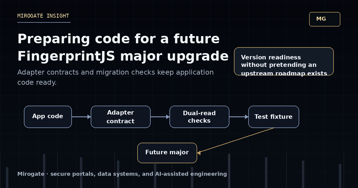 Mirogate diagram showing application code routed through an adapter contract, dual-read checks, tests, and future FingerprintJS major-version readiness.