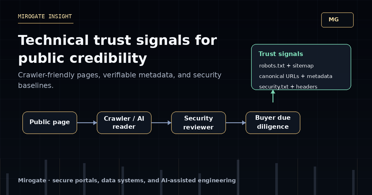 Mirogate diagram showing a public page flowing through crawlers, AI readers, security reviewers, and buyer due diligence into technical trust signals.