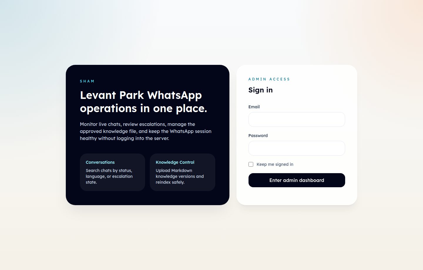 Sham Chatbot admin surface